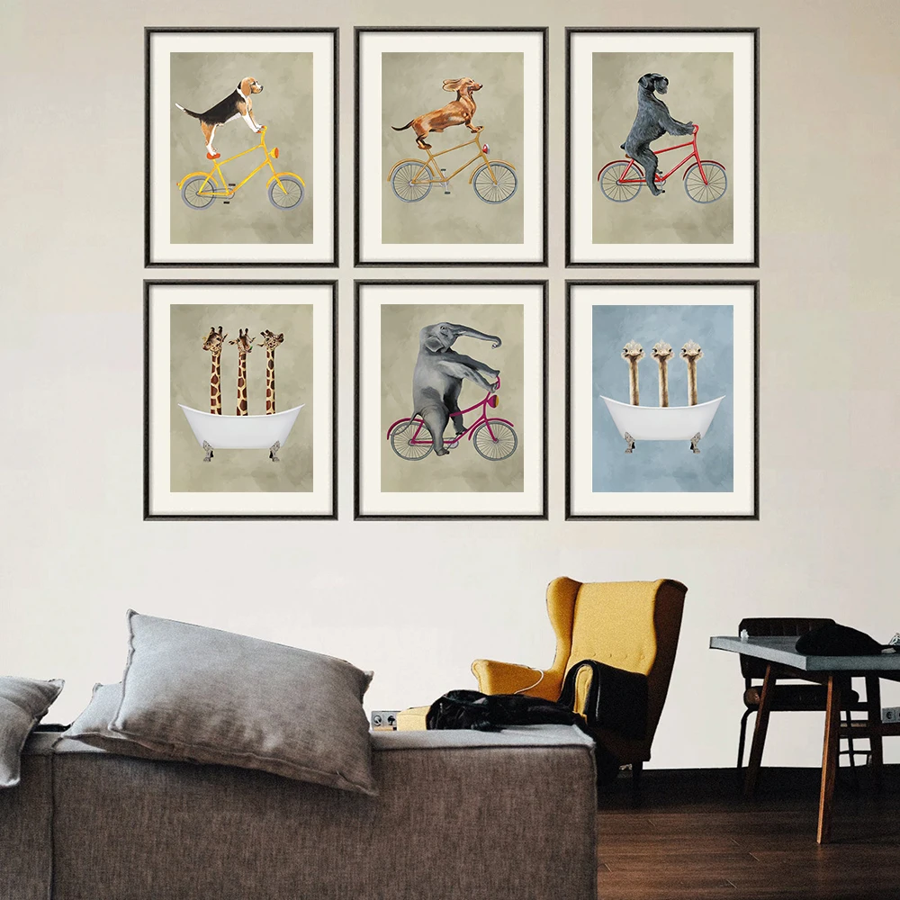 

Nordic Cartoon Animal Print Canvas Painting Bicycle Dog Giraffe Ostrich In Bathtub Poster Children Room Wall Art Decor Pictures