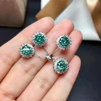 meibapj 1 carat green moissanite diamond jewelry set 925 silver ring earrings pendant 3 pieces suits wedding jewelry for women