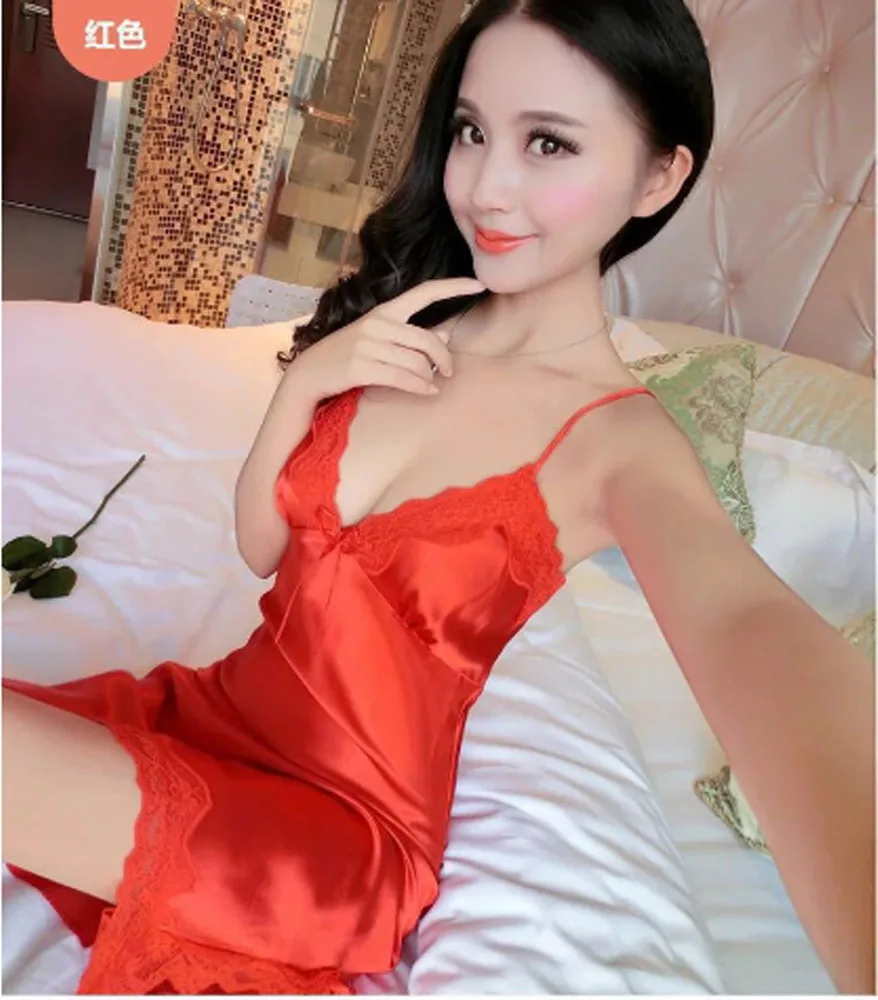 

New Ladies Silk Sling Nightdress Women's Sexy Lingerie Satin Sleepwear Lace Cup V-neck Nightwear Homewear 2022