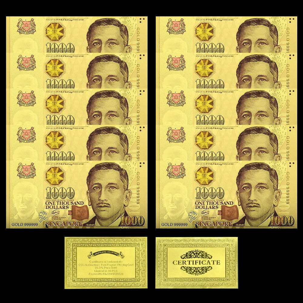 

10Pcs Singapore 1000 SGD Gold Foil Banknotes Encik Yusof Bin Ishak President Money Plastic Card Collect Gift - Rare