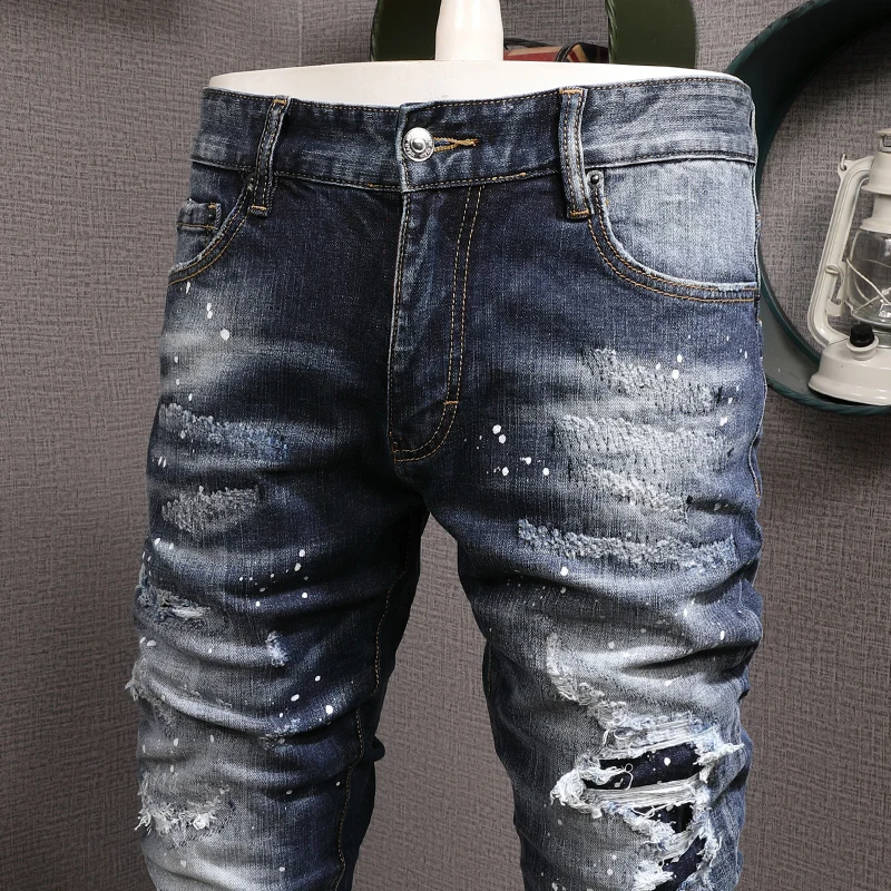 Streetwear Fashion Men Jeans Retro Blue Stretch Slim Fit Ripped Jeans Men Hole Trousers Painted Designer Vintage Pants Hombre