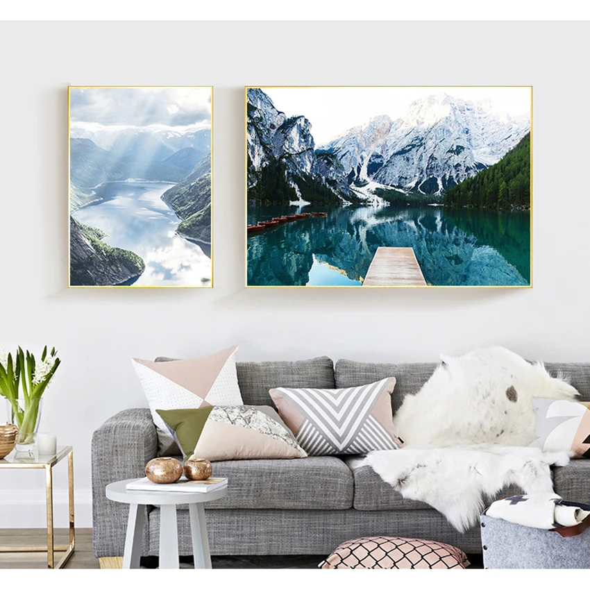 

Modern Living Room Decor Scandinavian Nature Landscape Poster Nordic Style Print Mountain Lake Boat Wall Art Picture Painting