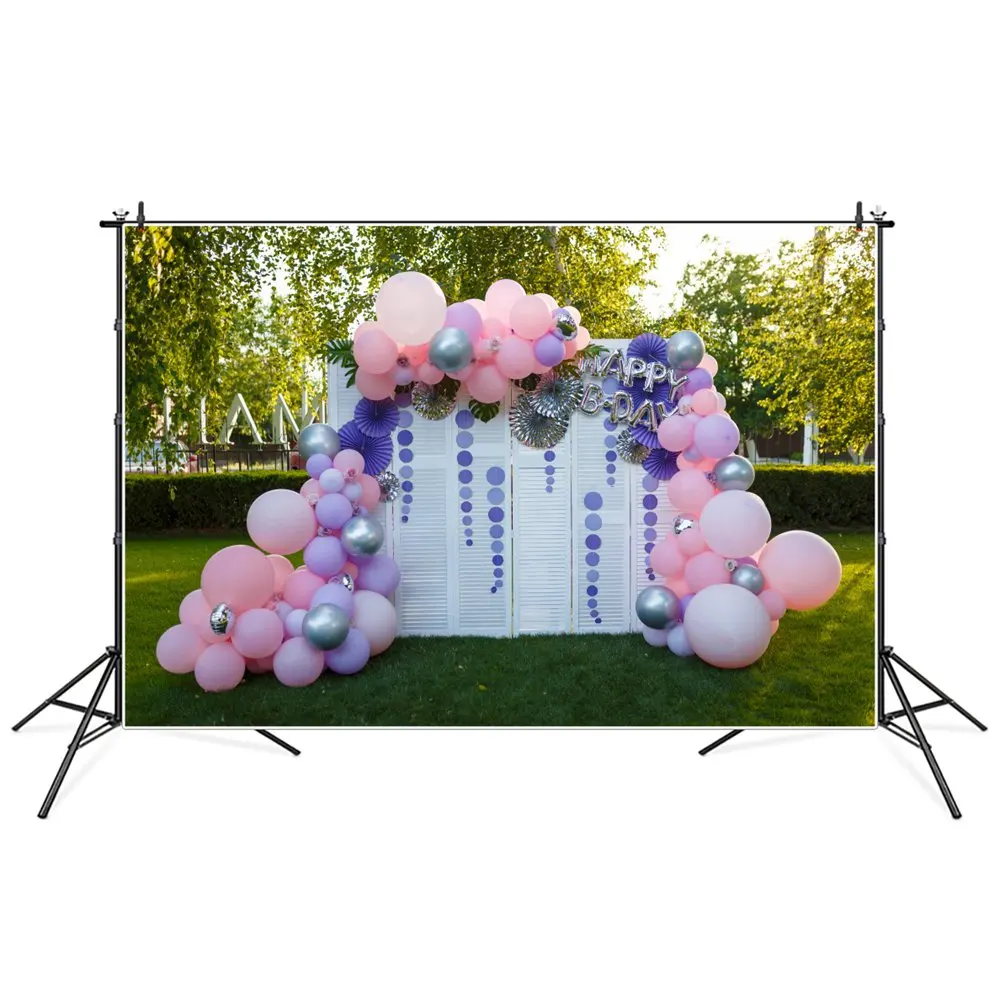 

White Parclose Balloons Happy Birthday Party Stage Decoration Photography Backdrops Outdoor Garden Trees Green Grass Backgrounds