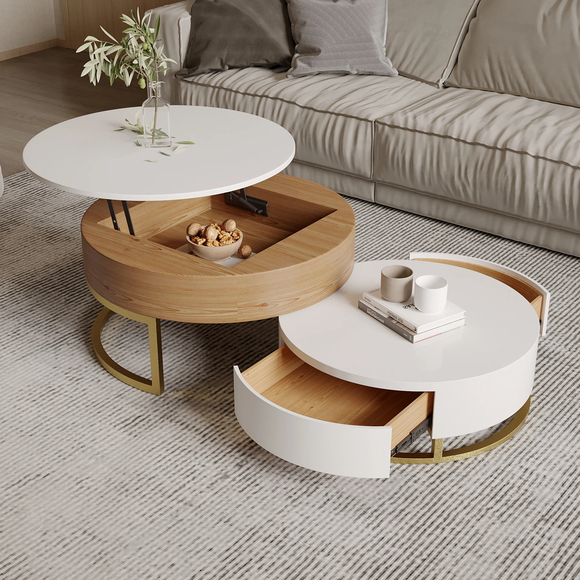

Italian Multifunction Round Rotate Wood Center Extendable Limestone Top Nesting Lift Up Tea Stone Coffee Table For Home