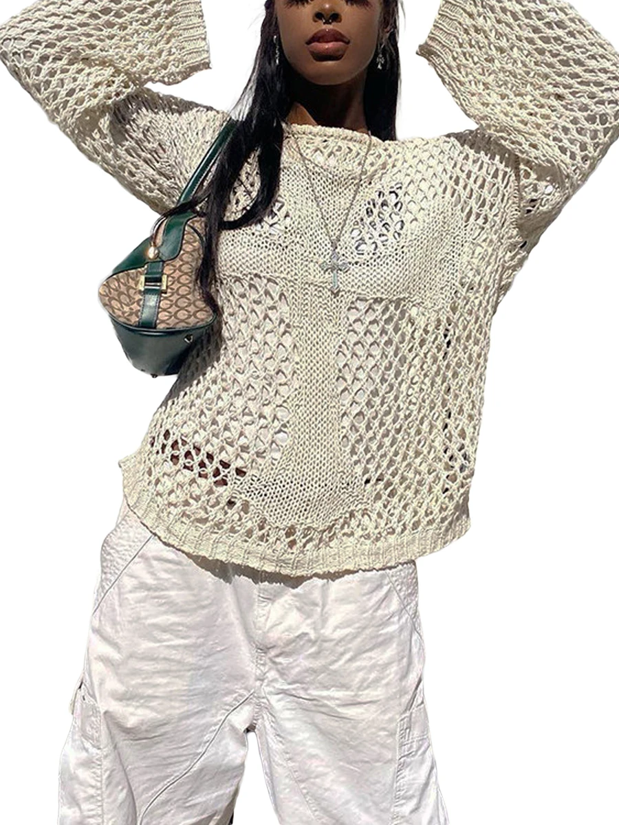 

Women Sexy Crochet Hollow Out Crop Top Solid Color Knit Long Sleeve Shirt Blouse Loose Pullover Cover Up Tee