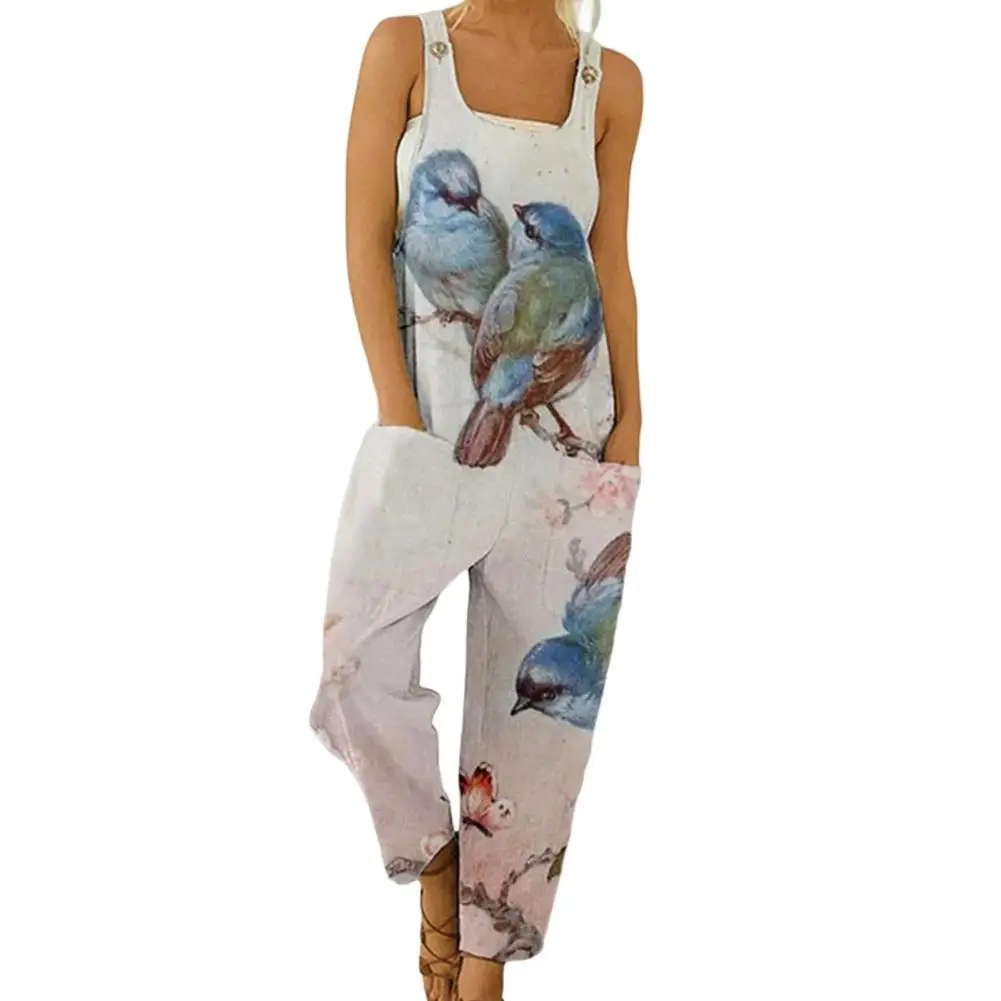 

Women Jumpsuits Summer Bib Overall Square Neck Grafitto Print Sleeveless Romper with Pockets Lady Jumpsuit Daily Clothes New