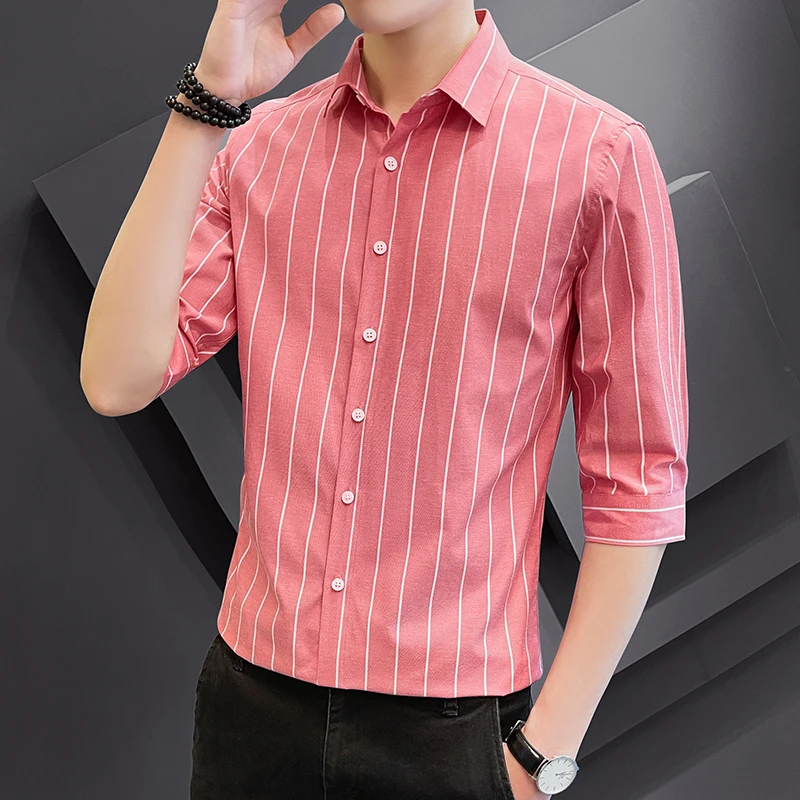 Mid Sleeve Men's Shirts Fashion Striped Casual Shirts Lapel Button Shirts