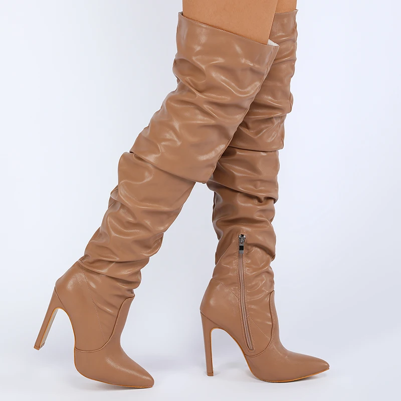 Xibeilove Pleated Large Women's High Boots Fashion Pointed Zipper Slim High Heels Knee Length Boots Square Heel Design