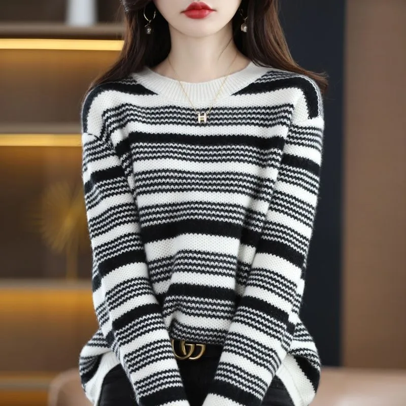 

Autumn and Winter Women's Pullover Roun Screw Thread Neck Stripe Loose Fit Sweater Underlay Fashion Casual Elegant Commuter Tops