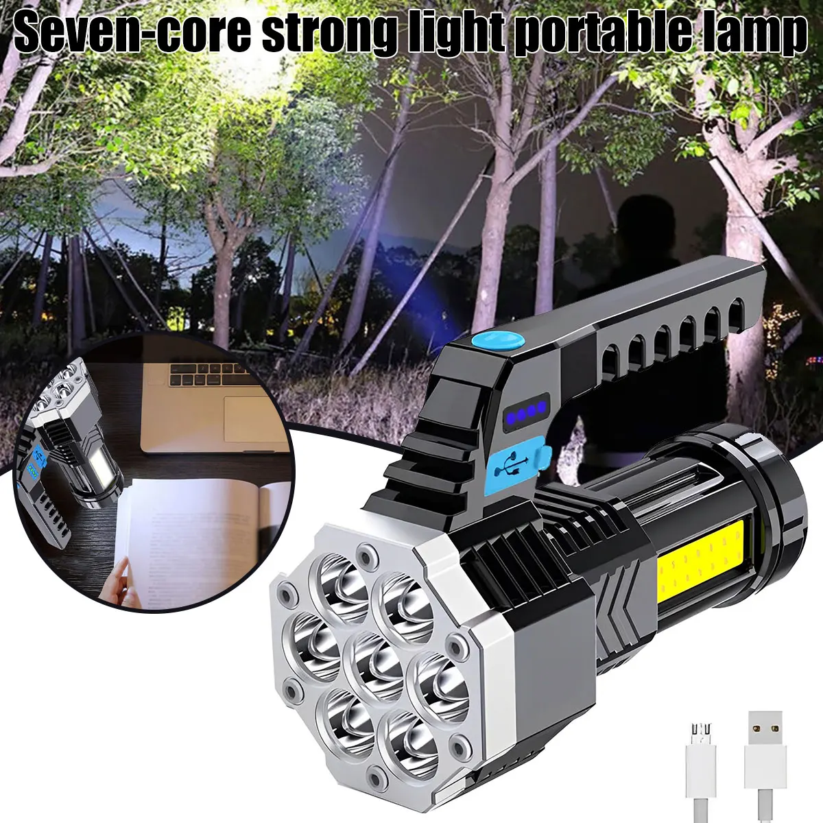 

7LED Flashlights Portable COB Spotlight USB Rechargeable Powerful Searchlight 4 Gears Torch Light IP64 Waterproof Side Light