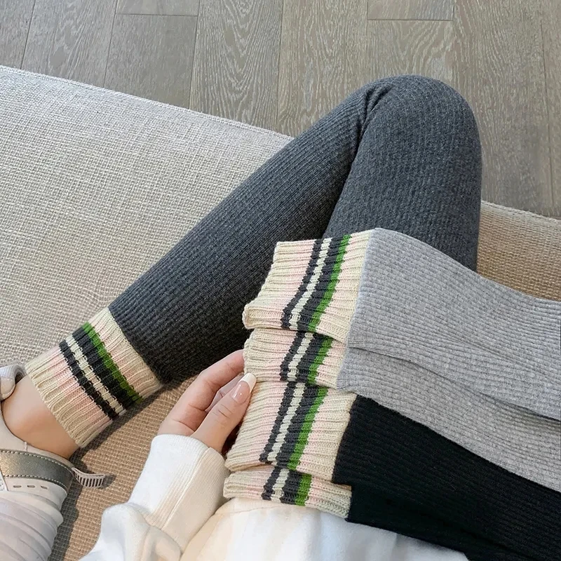 Yasuk Autumn Winter Fashion Cotton Slim Soft High Elastic Waist Leggings  Integrated Pants High Waist AllMatch Solid Stripe