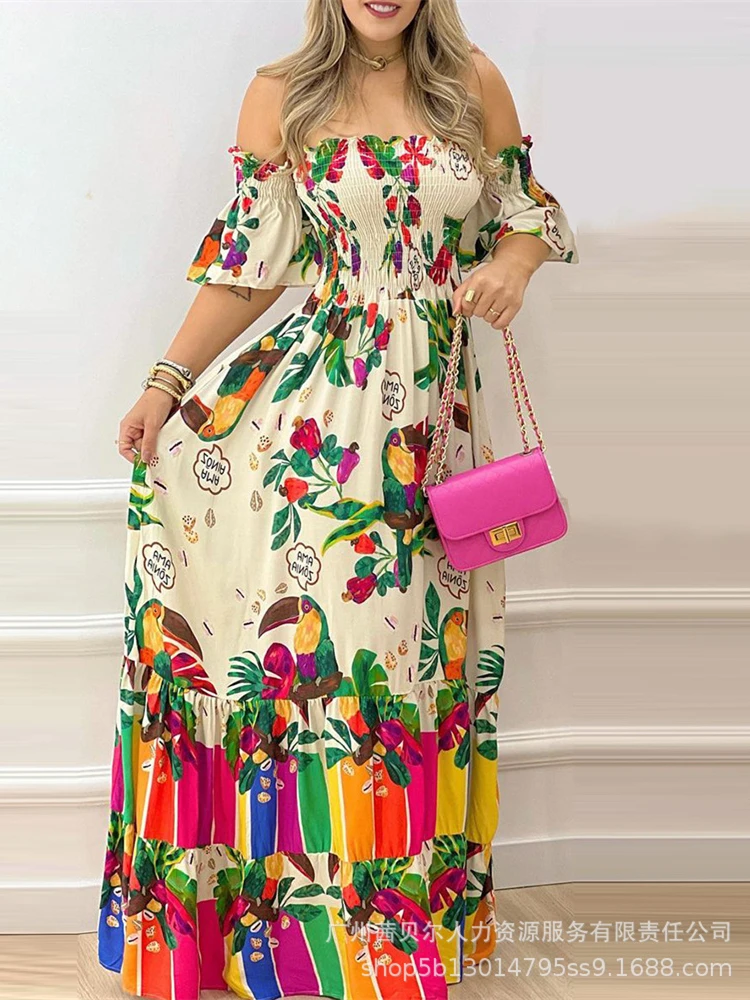 

Mandylandy Women Elegant Bohemian Summer Vacation Dress Fashion Female Y2K Off Shoulder High Waist Corset Ruffle Long Dress