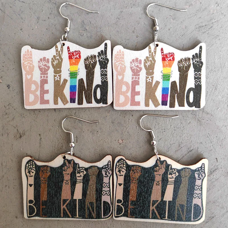 

2022 Creative Rainbow Colored Friendship Gesture Wood Earrings Retro Fun Kind Bekind Hipster Earrings Accessories for Women