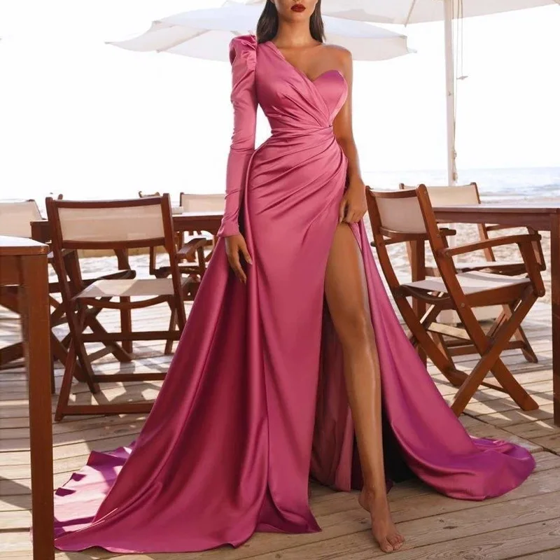 

One-shoulder Trailing Banquet 2022 Autumn Women's New Long-sleeved Satin Dresses High Slit Evening Party Dress Elegant Outfits