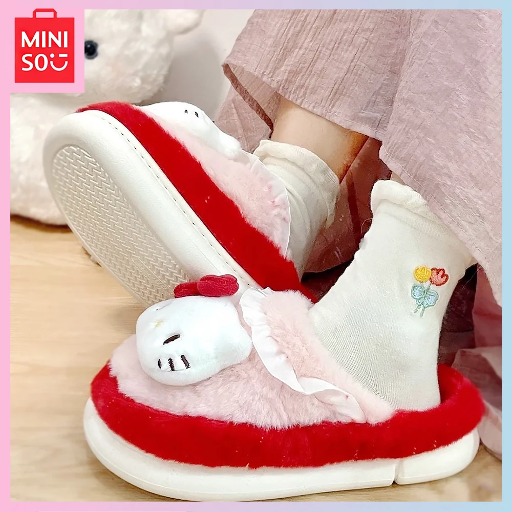 

Miniso Helllo Kitty Kawaii Плюшевые Мультяшные теплые Нескользящие толстые подошвы домашние хлопковые тапочки для девочек подарок на день рождения