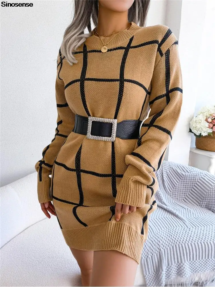 

Women Color Block Plaid Mini Sweater Dress Ins Autumn Winter Long Sleeve Crew Neck Loose Ribbed Knitted Dress Sexy Y2K Clothing