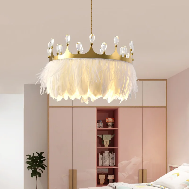 

Bedroom Chandelier Warm Romantic Nordic Lamps Crown Crystal Lighting Princess Room Creative Feather Decorative Pendent Lamp