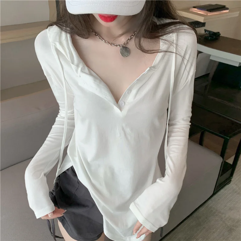 

2022Autumn new women's spring and autumn thin section loose long-sleeved solid color lazy top slim V-neck