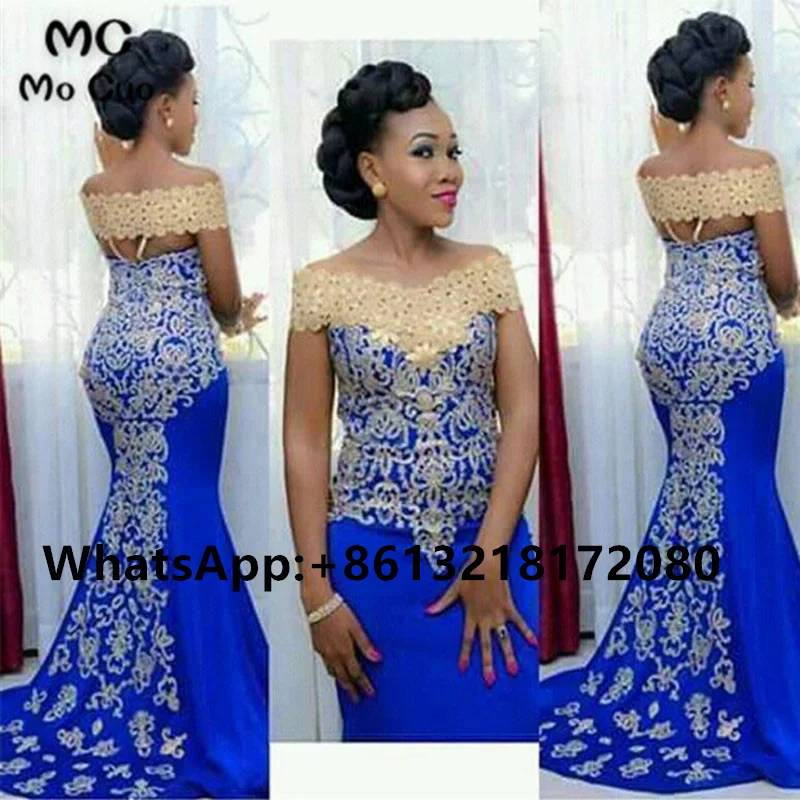 2021 African Mermaid Prom Dresses with Gold Embroidery Floor Length Women Blue Evening Gown Prom Party Dress