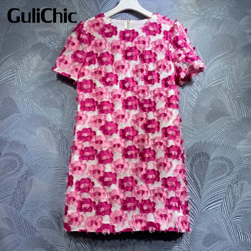 

7.31 GuliChic Holiday Fashion Sweet Contrast Color Flower Appliques Design O-Neck Short Sleeve Loose Elegant Dress Women
