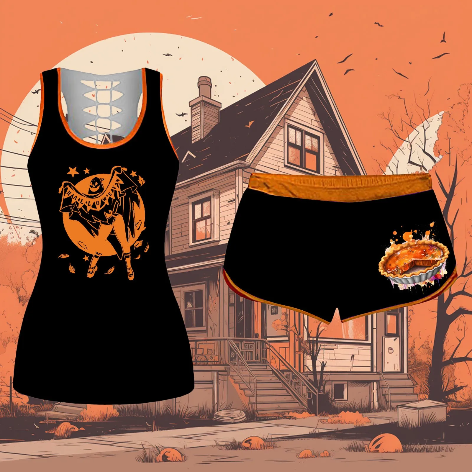 

Women'S Halloween Graphic Tank Top Ghost Pumpkin Pie Print T-Shirts Casual Solid Color Vest Comfy Daily Tops Shorts Set Camiseta