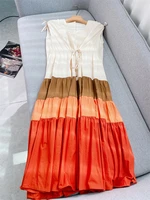 cotton 100 sleeveless a line skirt for ruandai 2022 summer new women v neck pullover pleated collision color lacing dress