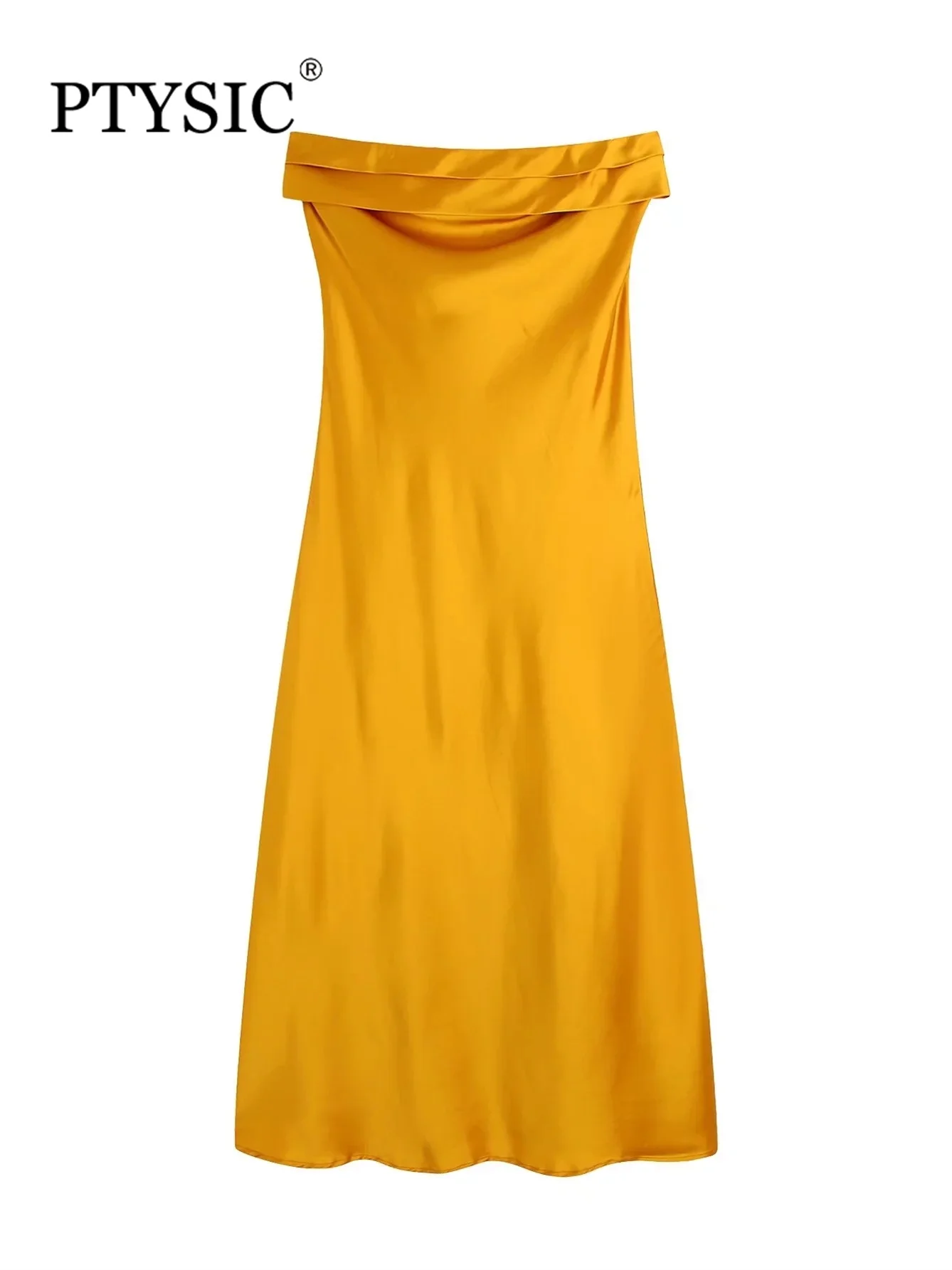 

PTYSIC Women Elegant With Gold Slit Satin Double-Layer Collar Fitted Dress 2022 Backless Back Hollow Out Elastic Sexy Vestidos