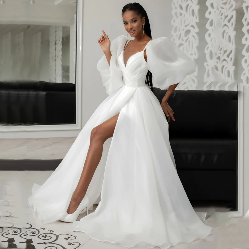 

V-Neck Beads Spaghetti Straps Slit Three Quarter Sleeve Pleats Lace Up Tulle A-Line Wedding Dress Bridal Gown Vestido De Noiva