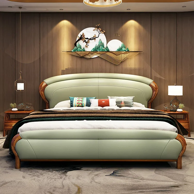 Кожаная двухместная кровать из массива дерева 1 8 м основная для спальни 5 вилла