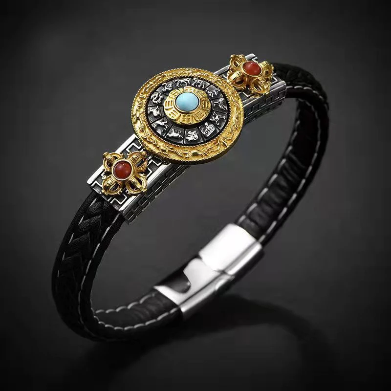 Мужской Ретро браслет из серебра S925 пробы Jiugong Bagua брендовый вращающийся браслет с кожаным механизмом, оптовая продажа
