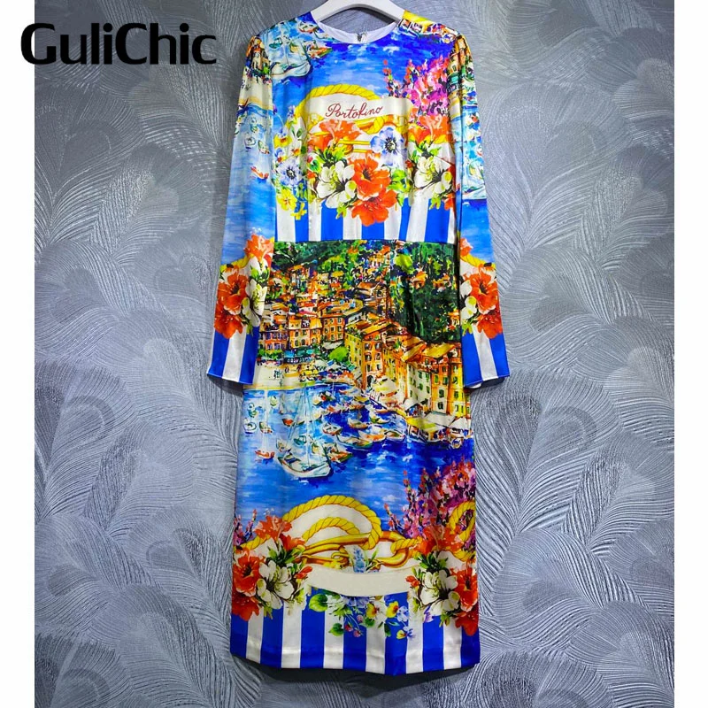 7.5 GuliChic Holiday Fashion Print Vertical Stripes Spliced O-Neck Long Sleeve Silk Comfortable Temperament Dress Women