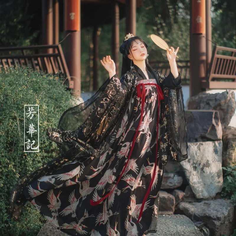 Original Chinese Traditional Black Crane Print Hanfu Dresses Suit Women Han Dynasty Princess Cosplay Stage Performance Costumes