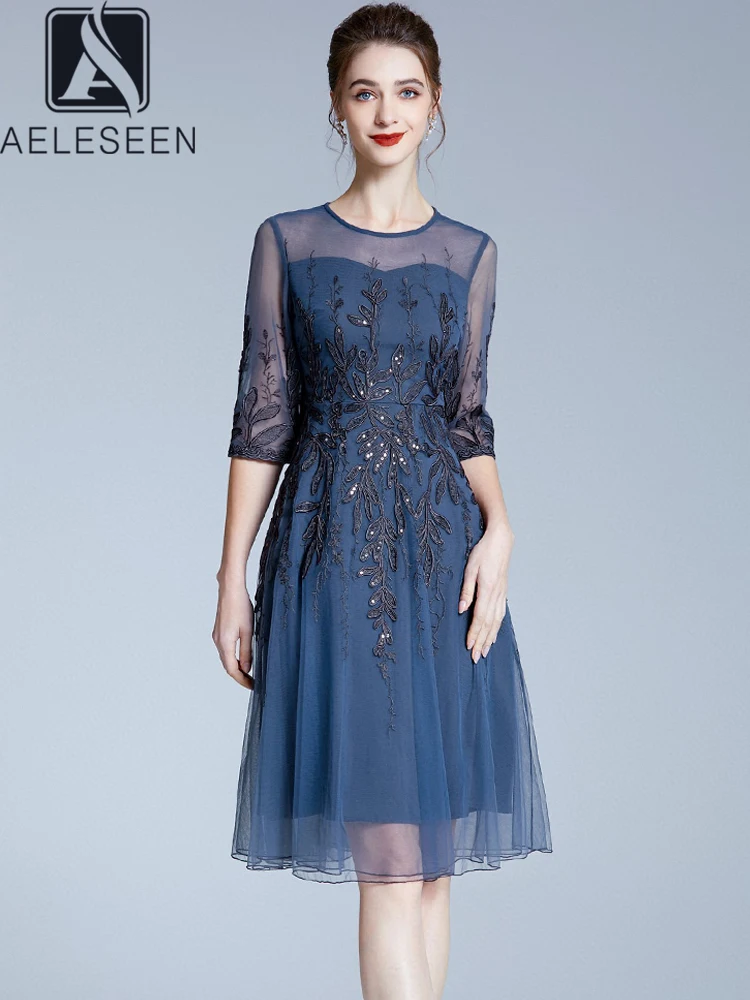 

AELESEEN дизайнерское модное летнее платье для женщин с коротким рукавом и цветочной вышивкой, расшитое блестками элегантное женское вечерние до колена для праздника