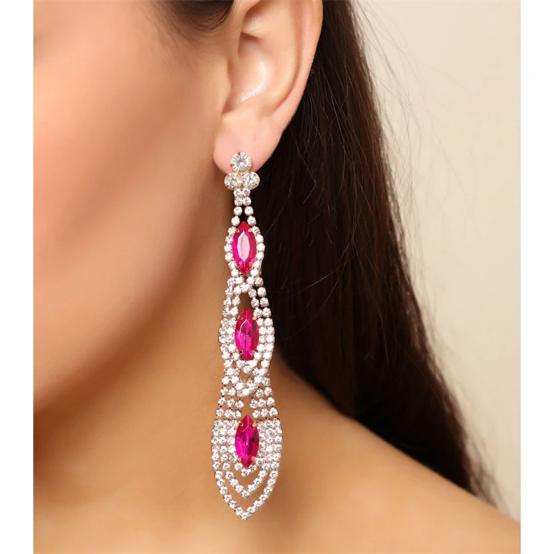 

Delicate Three Pink Water Drops Full Rhinestone Drop Earrings for Women Long Tassel Crystal Earrings Weddings Engagement Jewelry