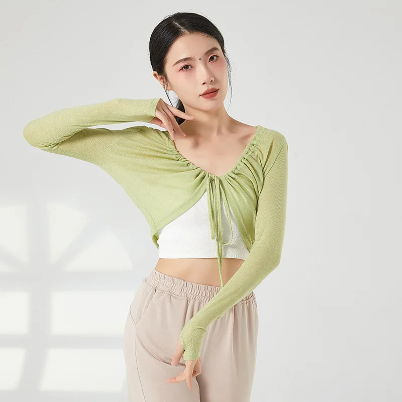 

Adult Belly Dance Thin Drawstring Ruched Cardigan Shirt Long Sleeve Crop Top Costume for Women Dancing Clothes Dancer Clothing