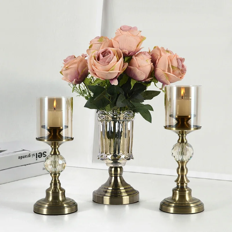 

Champagne Candle Holder Ornaments Candlelight Dinner Props Modern Decorative Metal Glass flower Vase Home Decoration Accessories