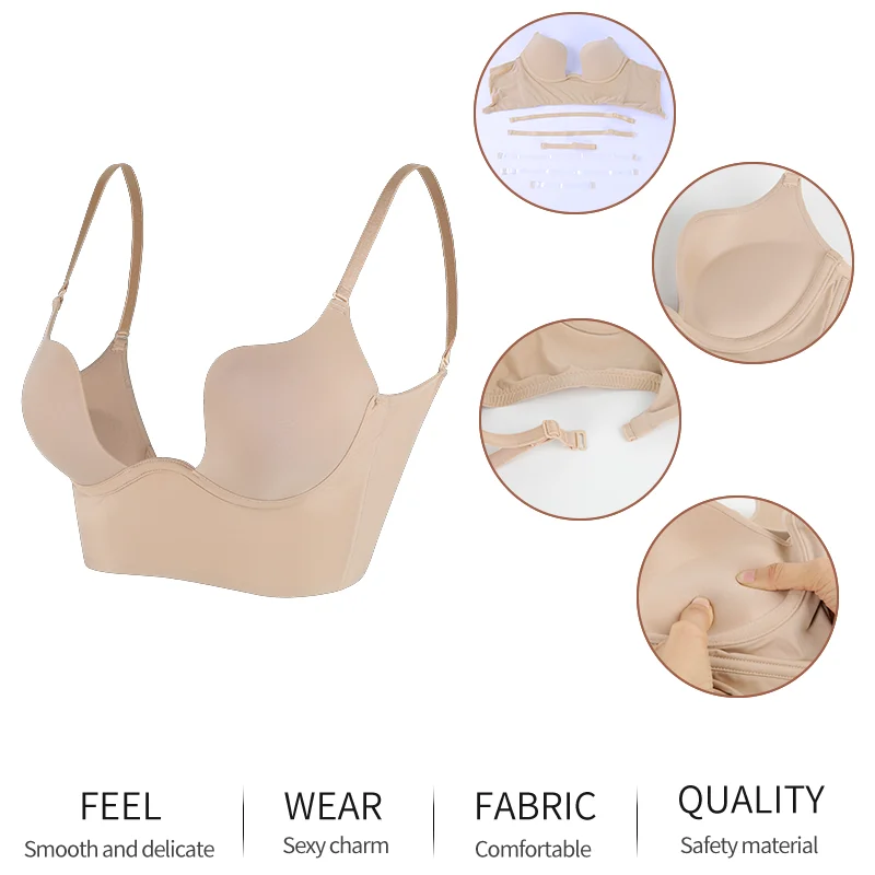 Deep U Neck Bra Shaper Women Push Up Chest Underwear Backless Women Bras Low Cut Sexy Plunge Brassiere Breast Control Shapewear
