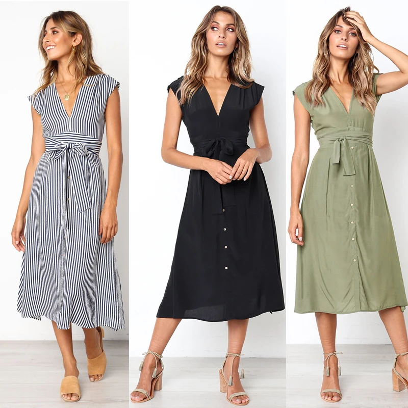 

New Women Summer Dress Sleeveless V Neck Casual Stripe Dresses Bangage Midi Dress Ladies Fashion Knee Length Sundress Vintage