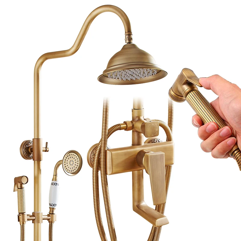 

Copper Antique Shower Set Faucet European Gold Rain Shower Head Nozzle Retro Thermostatic Alcachofa Ducha Bathroom Fixture EB5HS