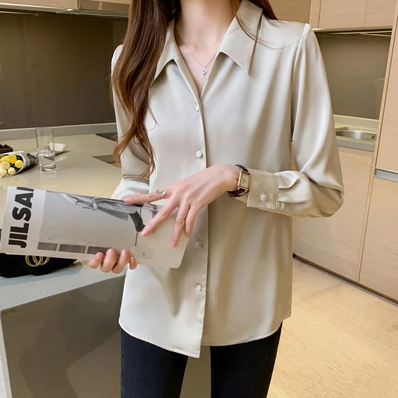 2022 Verano Elegantes Office Women's Satin Top Base Blouse Women Single-breasted Blusas Mujer De Moda Shirts for Women