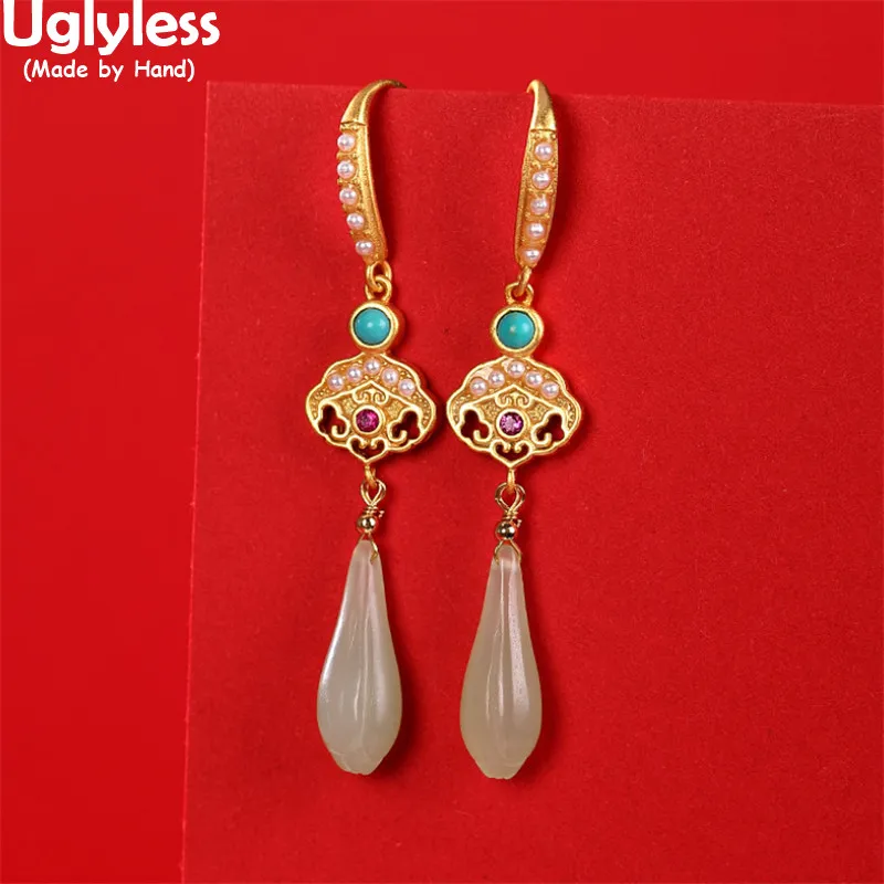 

Uglyless Magnolia Jade Earrings for Women Eastern Beauty Ethnic Dress Jewelry Gold 925 Silver Pearls Turquoise Earrings Exotic