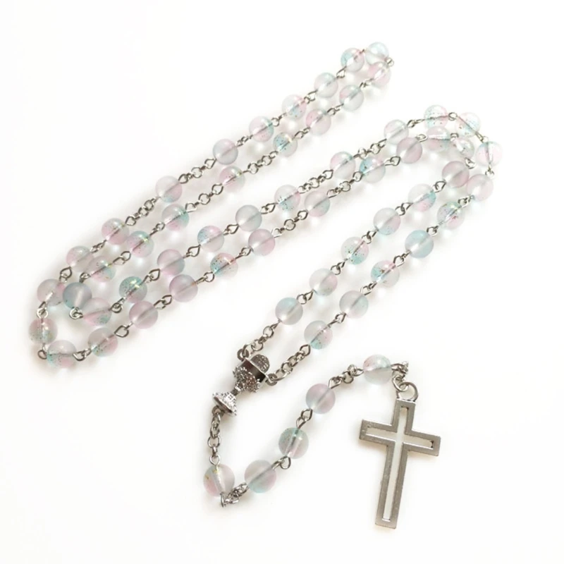 

Colorful Glass Rosary Necklace Hanging Pendant Crafts Round Bead Chain 11XA