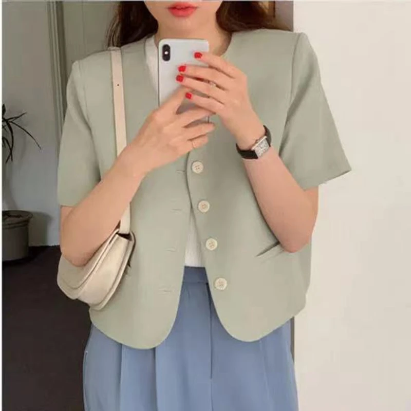 

Женский твидовый пиджак с коротким рукавом, повседневный небольшой пиджак с V-образным вырезом в Корейском стиле, лето 2022