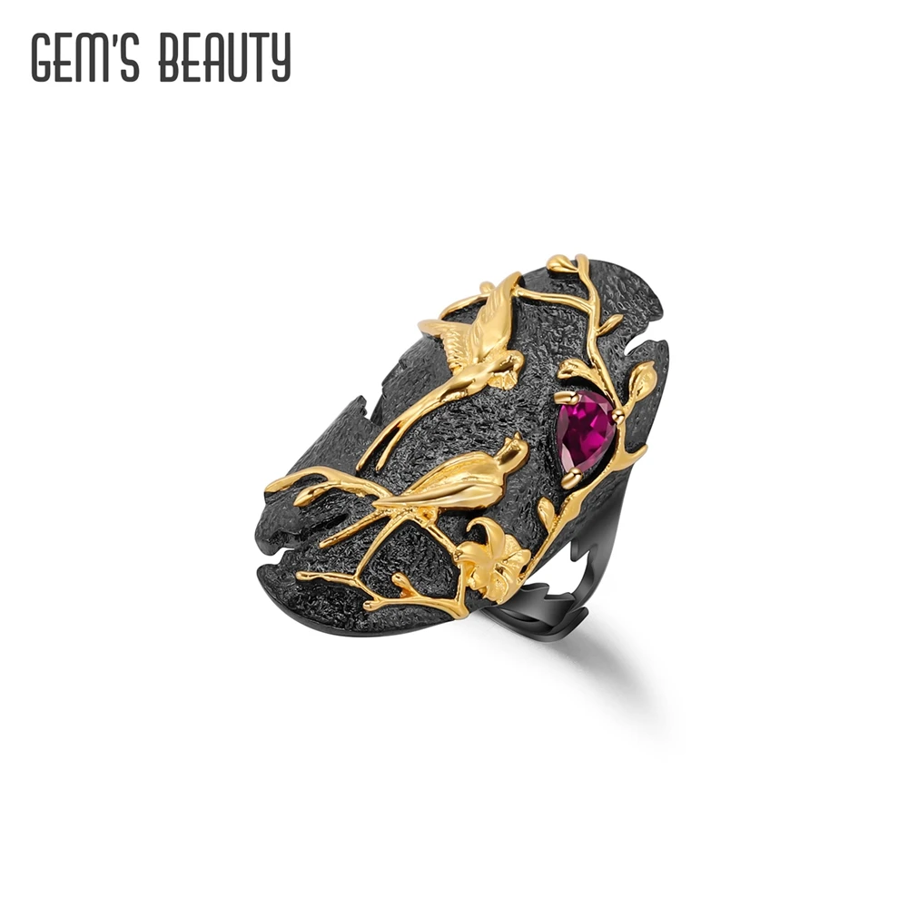 

GEM'S BEAUTY Robin Bird 100% Real 925 Sterling Silver Ring For Women Original Design Open Adjustable Rings Black Gold Plated