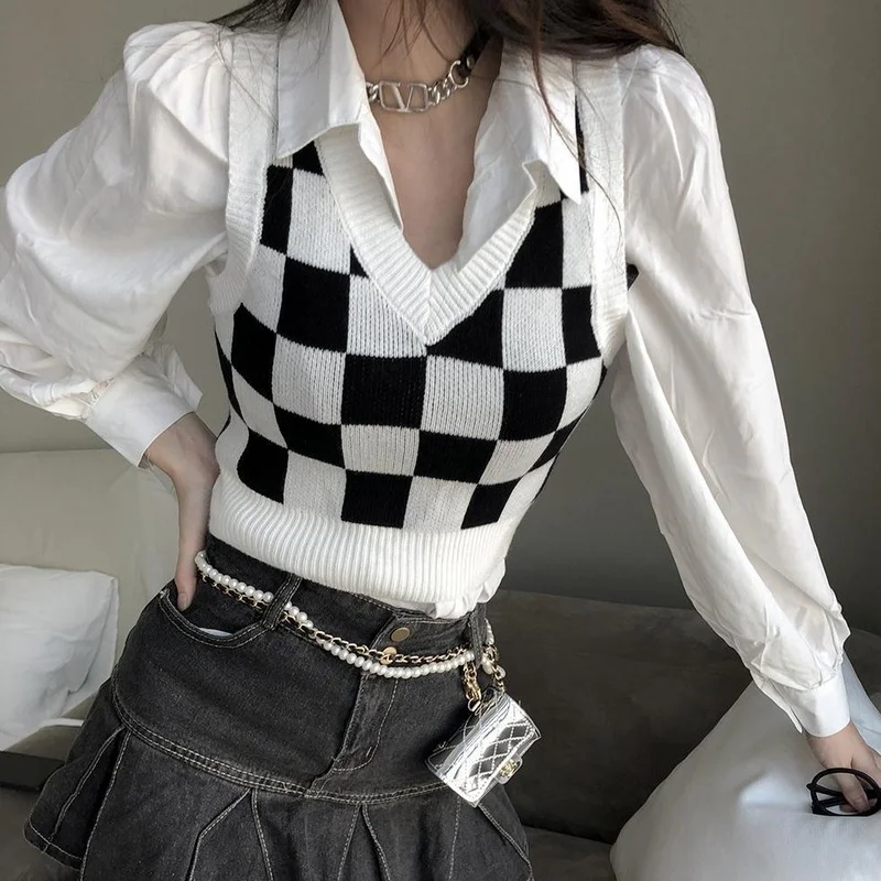 

Deeptown Y2K Korean Style Plaid Cropped Sweater Vest Women Harajuku Checkerboard V-neck Knitted Long Sleeve Jumper Female Tops