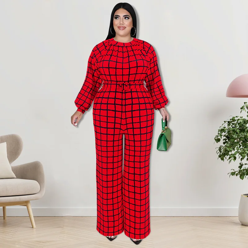 Plus Size Bodysuit Temperament  Retro Long-sleeved Plaid Wide-leg Jumpsuit Street Fashion Commuter All-match Women's Autumn Wear