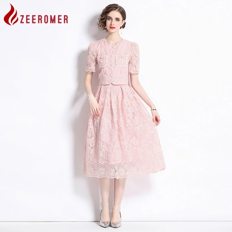 

2023 Summer High-end Pink Lace 2 Piece Set Women O-Neck Single Breasted Beading Coat Flower Embroidery A-line Skirt Fashion Suit