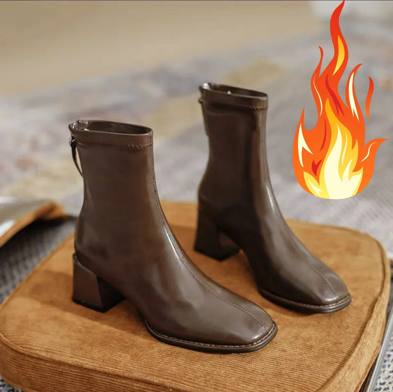 Женские ботильоны с квадратным носком эластичные туфли из флока на тонком