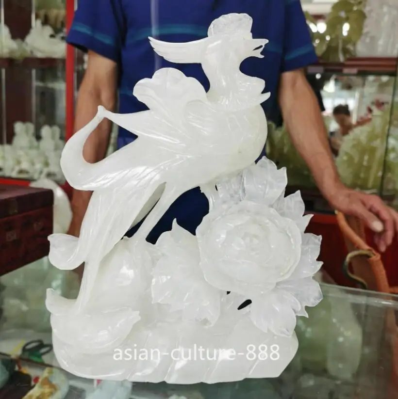 Статуя пиона 10 дюймов из белого нефрита ручной работы, летающая птица, Король Феникс, фенхуанг