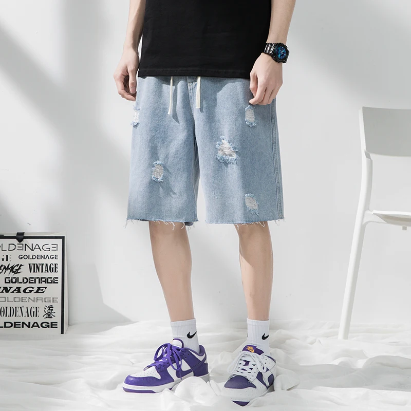 Summer New Ripped Jean Short Oversize Baggy Casual Five-Point Pants Ventilation Y2K Trendy Pop Clothes for Street Men's Clothing